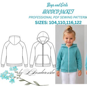 Peut inclure: Un patron de couture PDF professionnel pour une veste à capuche avec les tailles 104, 110, 116 et 122. L'image montre un dessin technique de la veste et une veste à capuche bleu sarcelle avec fermeture éclair, manches longues et poche.