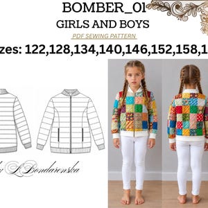 Pode incluir: Um molde de costura em PDF para uma jaqueta bomber intitulado BOMBER_01, disponível nos tamanhos 122, 128, 134, 140, 146, 152, 158, 164. A imagem mostra desenhos técnicos da jaqueta e uma foto de uma criança vestindo uma jaqueta bomber acolchoada de patchwork.