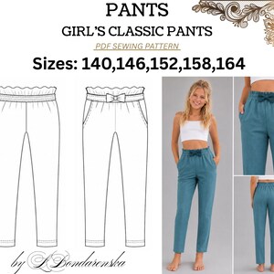 Girls Classic Pants Sewing Pattern PDF, Paperbag Waist Tapered Trousers Sizes 140–164
