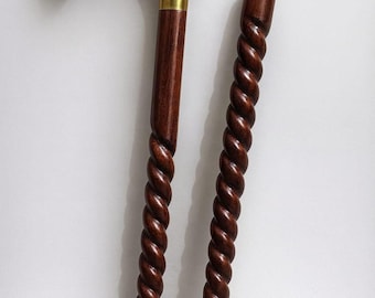 Handcrafted Wooden Walking Stick rosewood material, Spiral Carved Cane with Brass Handle