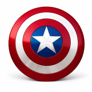 May include: A round shield with a red, white, and blue color scheme. The shield has a red outer ring, a white ring, a silver ring, and a blue center with a white star. The shield is a replica of Captain America's shield.