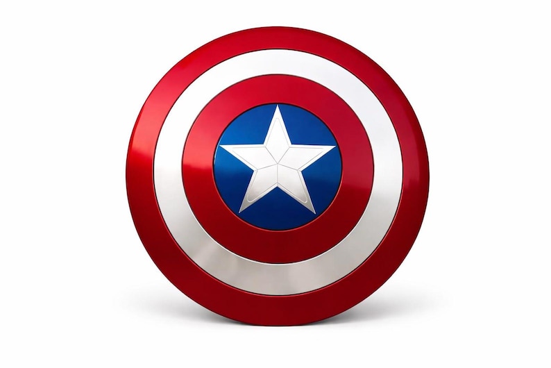 May include: A round shield with a red, white, and blue color scheme. The shield has a red outer ring, a white ring, a silver ring, and a blue center with a white star. The shield is a replica of Captain America's shield.