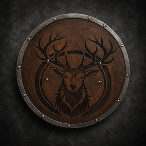 Op de afbeelding: Een rond houten schild met een donkerbruine afwerking en een centraal gegraveerde hertenkop met groot gewei. Het schild is omlijst door een metalen rand die is vastgezet met gelijkmatig verdeelde zilveren klinknagels.