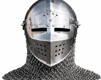 Medieval Gothic Chainmail Helmet | Handmade Steel Knight Close Helmet | Wearable Armor Cosplay Reenactment Display