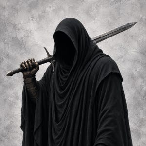 Pode incluir: Uma figura envolta numa longa capa preta com capuz, com uma sombra profunda a ocultar o rosto. A figura usa uma manopla metálica segmentada numa mão, que segura o punho de uma longa espada de aço de dois gumes sobre o ombro.
