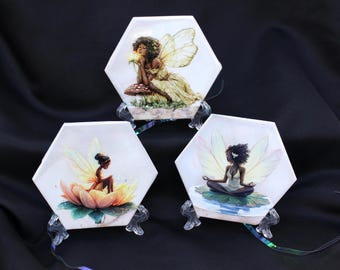 Fairy Tile Set – “Where Wishes Rest” – Set of 3 Hexagon Tiles – Pearlescent Finish – Fantasy Wall Decor – Gift for Her – Handmade