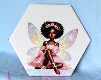 A Little Wish for You • Hexagon Fairy Wall Art • 6x6 Ceramic Tile • Brown Skin Fairy • UV DTF Mixed Media • Nursery Decor • Ready to Hang