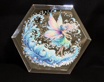 Enchanted Moonwave Fairy Glass – Ocean Fantasy Wall Art, UV DTF on Printed Carbon Reflection Glass, Handmade Fairy Decor, 5x5 Hexagon Gift