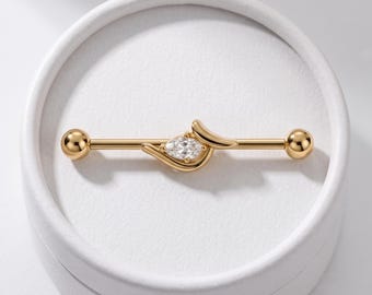 Marquise Diamant Industrial Barbell, Minimalist Scaffold Piercing, 14K Gold Knorpel Bar, Lab Grown Diamant, Moissanite Ohrschmuck | 306