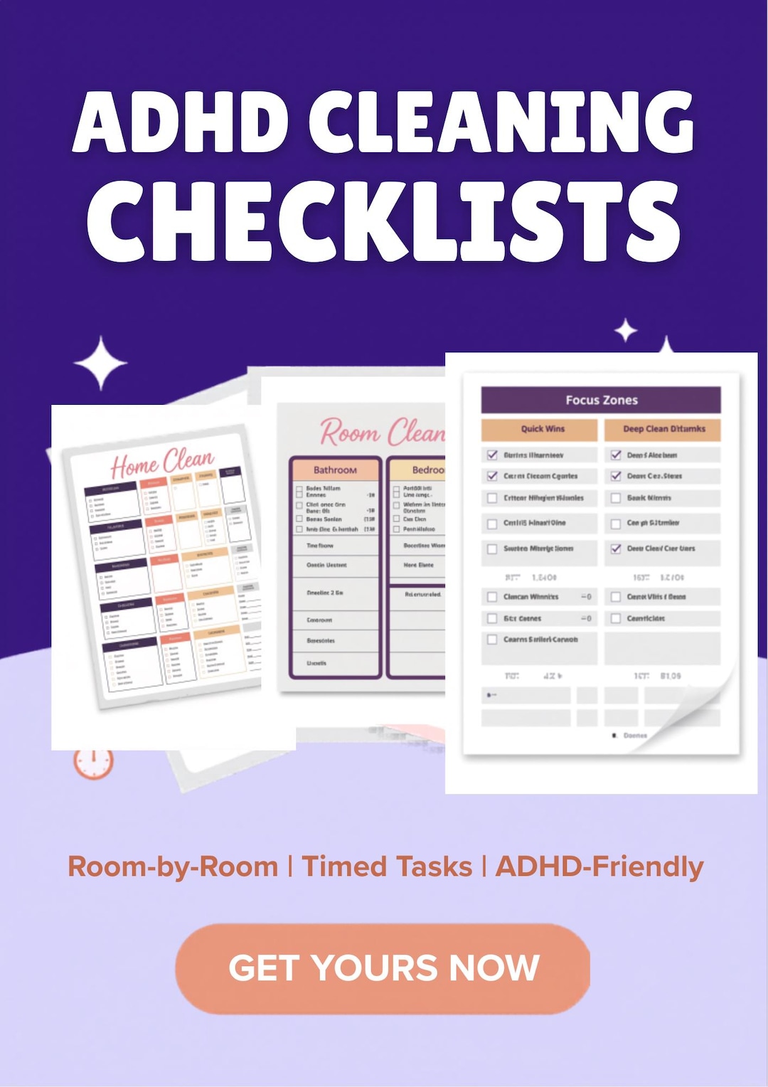 ADHD Cleaning Checklist | Digital Printable PDF | Room by Room | Timed