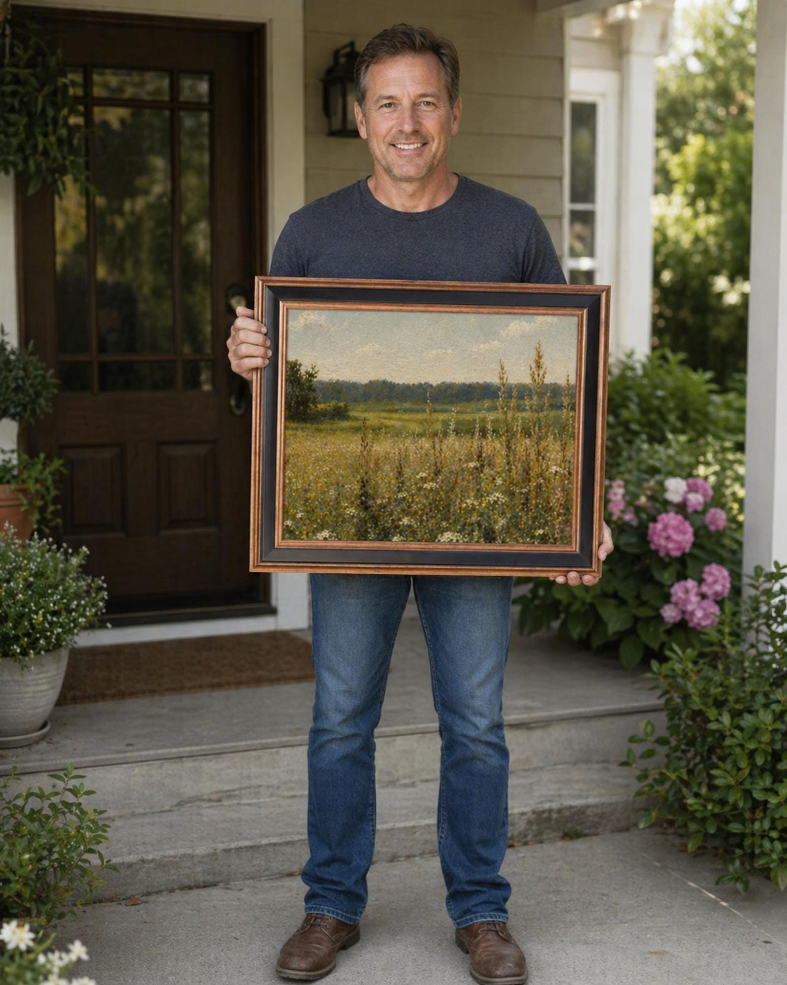 Framed Landscape Oil Painting, Rustic Meadow Wall Art, Handmade Vintage ...