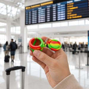 May include: A small, round, open silicone container featuring a vibrant swirl of red, yellow, and green colours. The container has an attached matching lid connected by a flexible hinge and a small metal ring for attachment to other items.