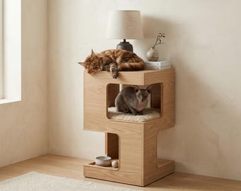 Modern Wood Cat Condo Tower – Double Cube Cat House with Scratching Pad, Toy