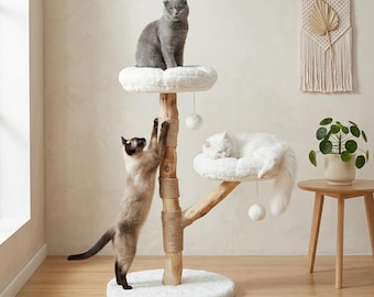 Arbre à chat en bois | Perchoirs fleuris, griffoir en sisal, meubles bohèmes