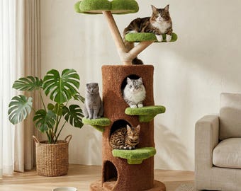 Wieża dla kota z pnia drzewa 148 cm – inspirowana naturą, z mieszkaniem i platformami w kształcie liści
