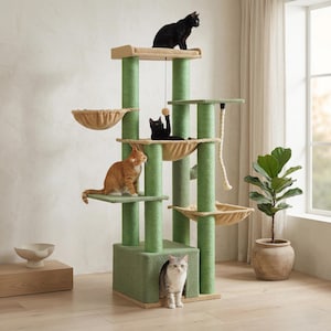 Large Green Cat Tree Tower | 7-Level Sisal Scratching Posts, Multiple Cats, Condo