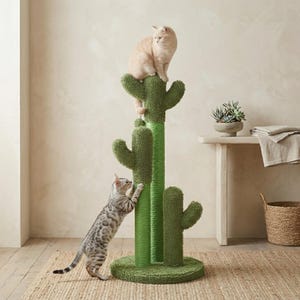 May include: A green cactus-shaped cat scratching post with two cats. One cat sits atop the cactus, while the other climbs the side. The post has a round base and textured, green, cactus-like arms.