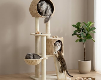Beige Cat Tree with Basket & Condo – Modern Tower Hammock, Ramp and Scratching Posts