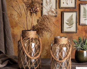 Boho handgeweven glazen vaas, vintage mesh bloemenvaas, hydrocultuur plantenhouder, rustiek bloemendecor, draagbare decoratieve vaas