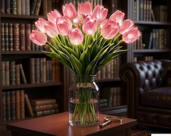 Romantic Tulip Night Light Bouquet, 15 Warm LED Flowers, Adjustable Bedside Lamp