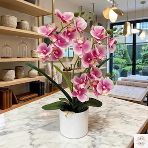 Peut inclure: Un arrangement d'orchidées artificielles en pot, avec des fleurs roses et blanches et des feuilles vertes. La plante est présentée dans un pot blanc sur une surface imitation marbre. Le pot mesure environ 15 cm de diamètre.