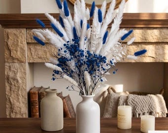 70 Stem Blue Bunny Tail Pampas Grass Bouquet, Dried Floral Arrangement, Gypsophila Decor, Boho Home Living Room Styling, Wedding Centerpiece