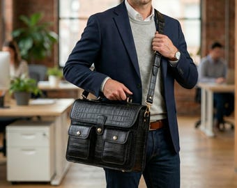 Messenger Bag Crocodile Embossed Leather Laptop Briefcase Satchel Crossbody Sling Shoulder Office Travel Bag