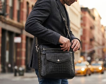 Messenger Bag Men Crocodile Embossed Leather Sling Crossbody Shoulder Satchel Professional Travel Laptop Bag