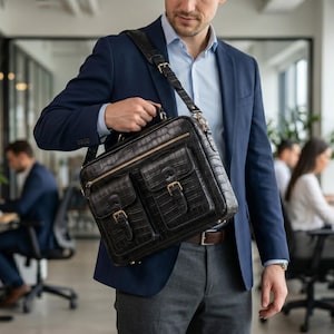 Puede incluir: Maletín de cuero negro con un patrón de cocodrilo texturizado, con dos bolsillos delanteros con hebillas doradas. La bolsa tiene una correa para el hombro y un asa superior. La imagen muestra el maletín en un entorno de oficina.