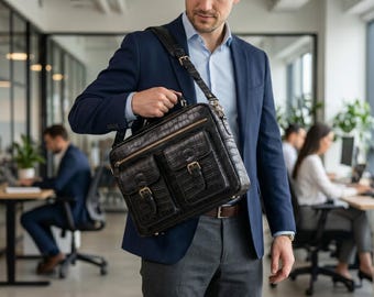 Briefcase Messenger Bag Leather Crocodile Embossed Laptop Satchel Shoulder Crossbody Sling Office Travel Bag
