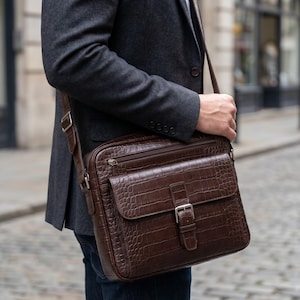 Könnte beinhalten: Braune Messenger-Tasche aus Leder mit Krokodil-Haut-Textur. Die Tasche hat einen Klappenverschluss mit silberner Schnalle, eine Vordertasche und einen Schulterriemen. Die Tasche ist rechteckig.