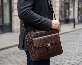 Men's Leather Messenger Bag Crocodile Embossed Sling Crossbody Satchel Professional Travel Laptop Shoulder Bag