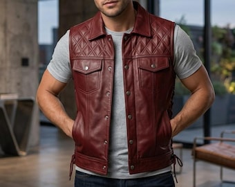 Mens Quilted Leather Vest Handmade Slim Fit Biker Waistcoat Real Sheepskin Vintage Motorcycle Style