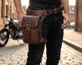 Bolso de muslo de cuero con relieve de avestruz, hecho a mano, bolsa para pierna, funda de cadera utilitaria para motocicleta.
