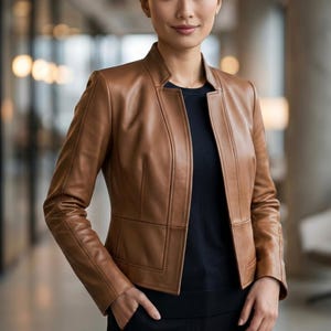 Puede incluir: Chaqueta de cuero marrón claro con cuello alzado. La chaqueta tiene un corte entallado, con costuras en la parte delantera y las mangas. La modelo lleva un top negro debajo. El fondo es un entorno de oficina borroso.