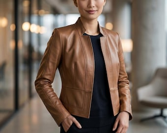 Women Leather Jacket Blazer Structured Fitted Bolero Shrug Minimalist Cropped Fashion Apparel Wear Coat