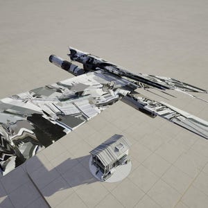 Puede incluir: Maqueta de avión futurista con un diseño de camuflaje en gris y blanco. El modelo tiene una estructura larga en forma de ala y una pequeña casa debajo. La envergadura del avión es de aproximadamente 25 cm.