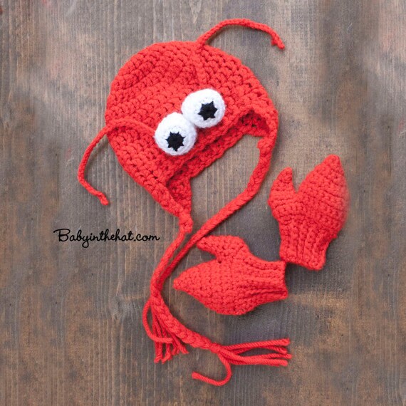 Items similar to Lobster Hat and Mitten Gloves Newborn Red Crochet Set
