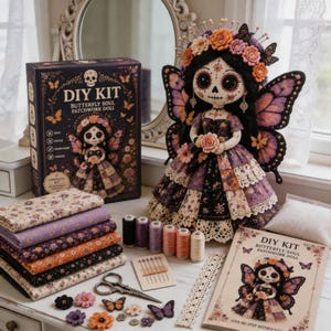 May include: A DIY kit for a Butterfly Soul patchwork doll, including a finished doll with black hair, floral crown, and butterfly wings, a box, fabric stacks, spools of thread, needles, scissors, lace trim, and an instruction booklet.