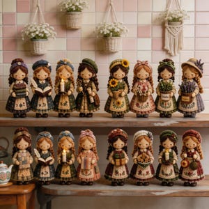 May include: A collection of sixteen small fabric dolls arranged on two wooden shelves. Each doll features brown hair, a patterned dress, and an apron, holding various items such as books, candles, flowers, gifts, or sewing tools.