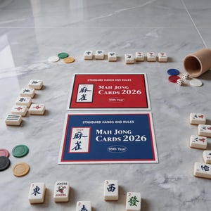 May include: A Mah Jong set with tiles, chips, dice, and two cards that read "MAH JONG CARDS 2026". The tiles are white with black and red symbols. The chips are in various colors, and the dice are white with black dots.