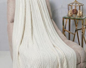 Authentic Orenburg Cable Knit Wool Blanket "Kosy" — Traditional Chunky Soft Throw — Cozy Hand-Finished Bedspread