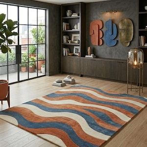 Hand Tufted Wool Rug, Modern Abstract Wave, Blue Rust Cream Area Carpet