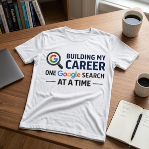 Puede incluir: Camiseta blanca con el texto "BUILDING MY CAREER ONE Google SEARCH AT A TIME" y un logotipo de Google. La camiseta está sobre una superficie de madera con un portátil, dos tazas de café y un cuaderno.