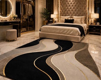 Luxury Black Gold Area Rug, Modern Abstract Carpet, Contemporary Living Room Rug, Designer Bedroom Floor Rug