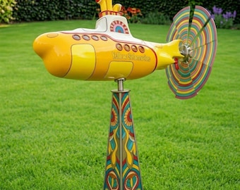 Molinillo de viento de los Beatles, modelo Yellow Submarine, para jardín, decoración exterior, molino de viento de metal grande y colorido, adorno cinético para el césped, decoración para el patio, regalo.