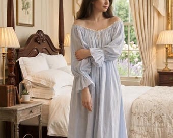 Victorian Cotton Nightgown for Women Cottagecore Nightdress Edwardian Chemise, Off Shoulder Lace Sleepwear, Vintage Romantic Loungewear Gift