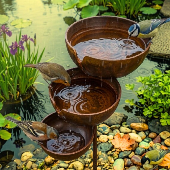 Rustic Tiered Bird Bath Outdoor Fountain, Metal Garden Water Feature, Backyard Bird Bath Feeder Decor