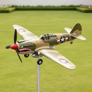 Può includere: Modello dettagliato di aereo con un motivo mimetico nei toni del verde, marrone e beige. L'aereo presenta un naso rosso, un design a bocca di squalo e un'elica. Ha una stella bianca con centro blu sulle ali e sulla fusoliera. Il modello è montato su un palo d'argento.