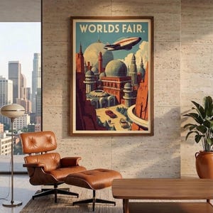 May include: A framed vintage poster with the text "Worlds Fair" depicts a retro-futuristic cityscape with a flying airship. The poster is displayed above a brown leather chair and ottoman, with a wooden coffee table and a potted plant.